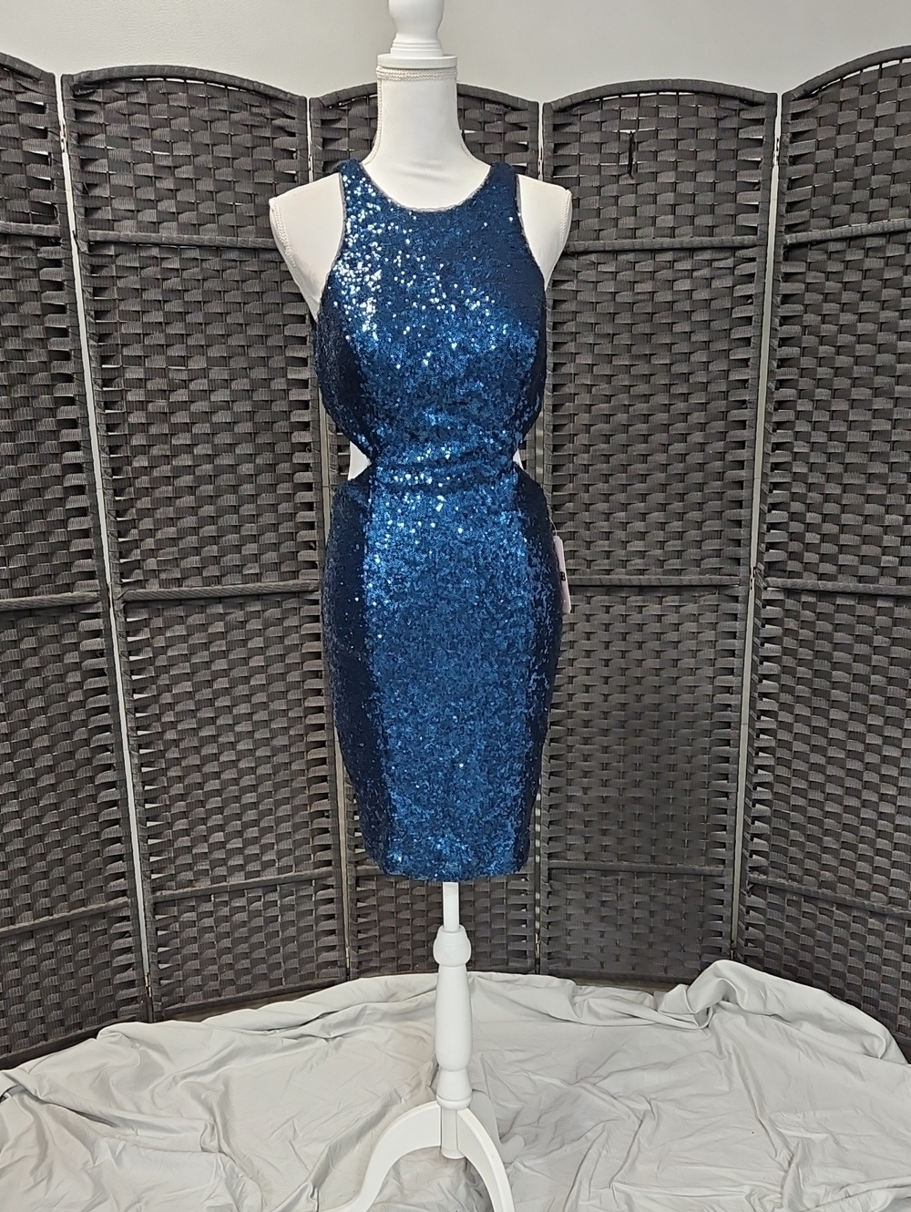 Gianni Bini Navy Blue Sequin Midi Sheath Dress